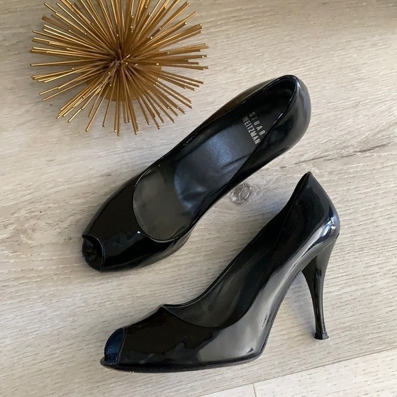 Stuard Weitzman black patent leather heels open toe classic career party holiday - Picture 1 of 11